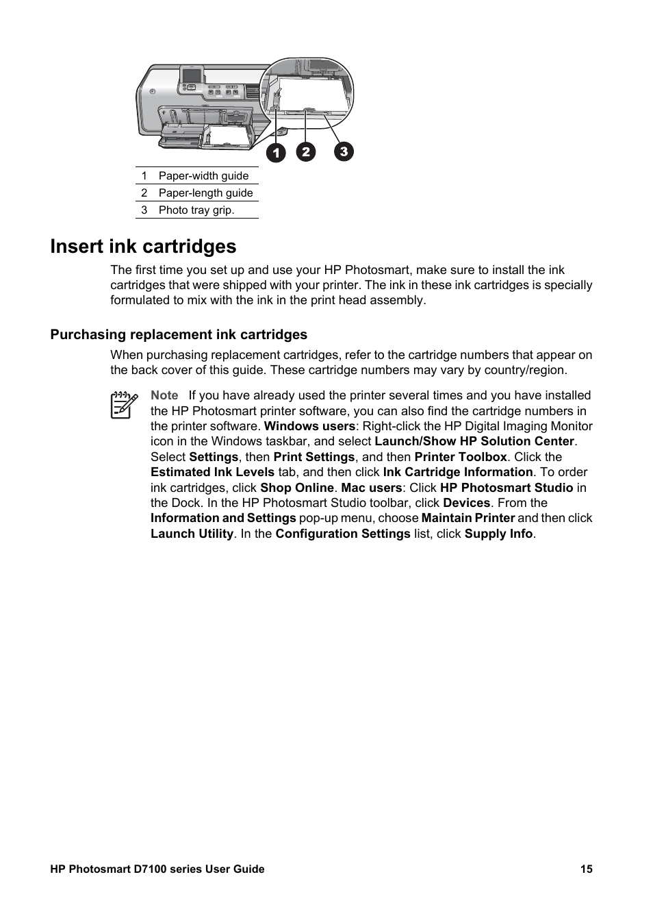 Insert ink cartridges, Purchasing replacement ink cartridges | HP Photosmart D7155 Printer User Manual | Page 18 / 70