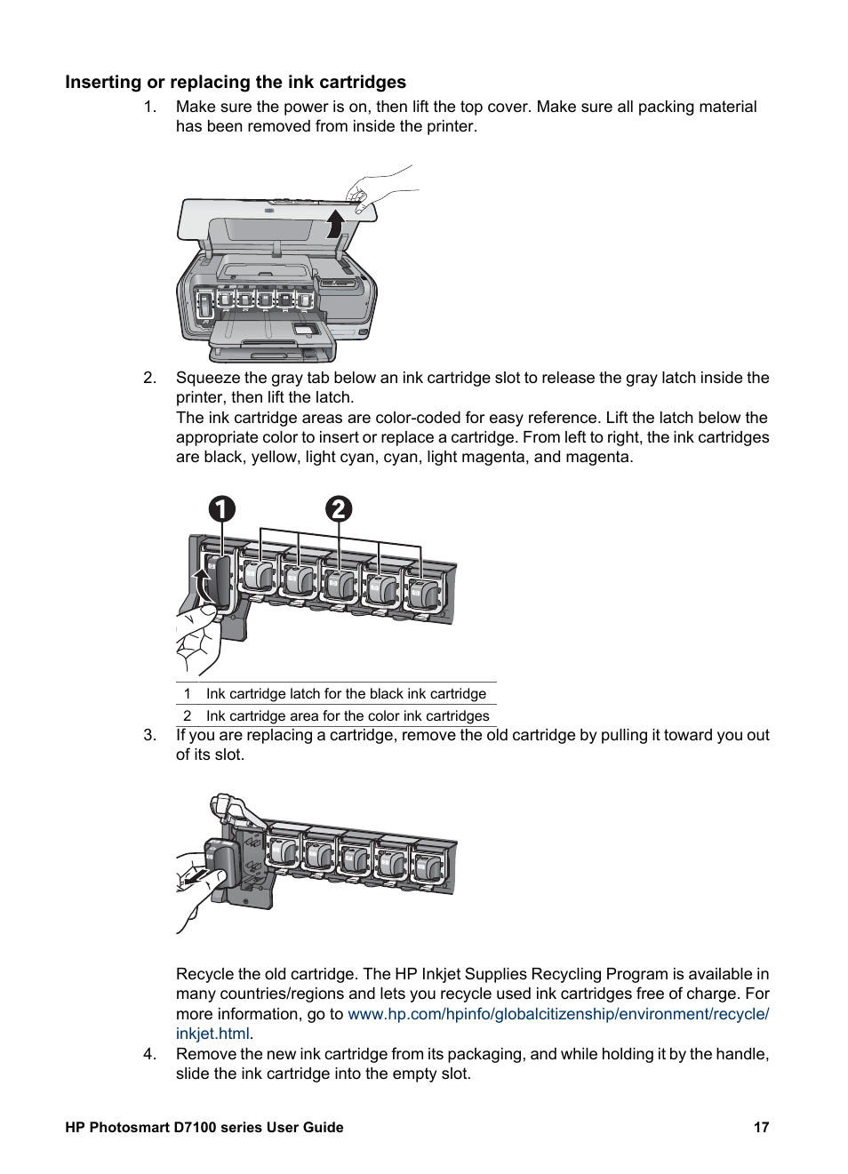 Inserting or replacing the ink cartridges | HP Photosmart D7155 Printer User Manual | Page 20 / 70