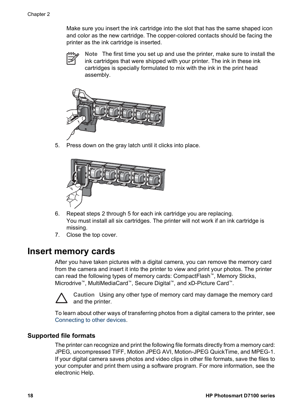 Insert memory cards, Supported file formats | HP Photosmart D7155 Printer User Manual | Page 21 / 70