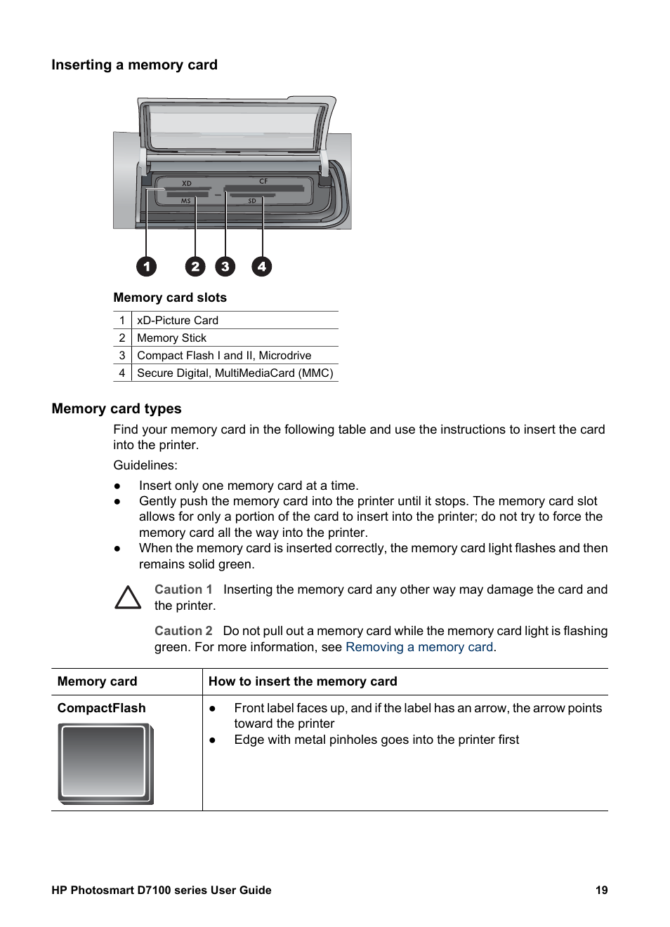 Inserting a memory card, Memory card types | HP Photosmart D7155 Printer User Manual | Page 22 / 70