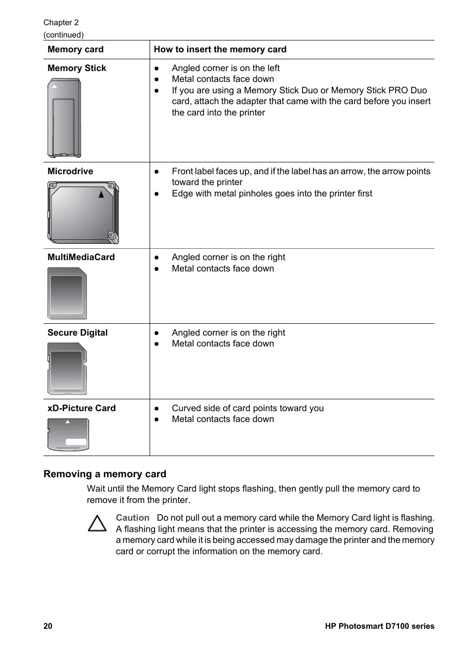 Removing a memory card | HP Photosmart D7155 Printer User Manual | Page 23 / 70
