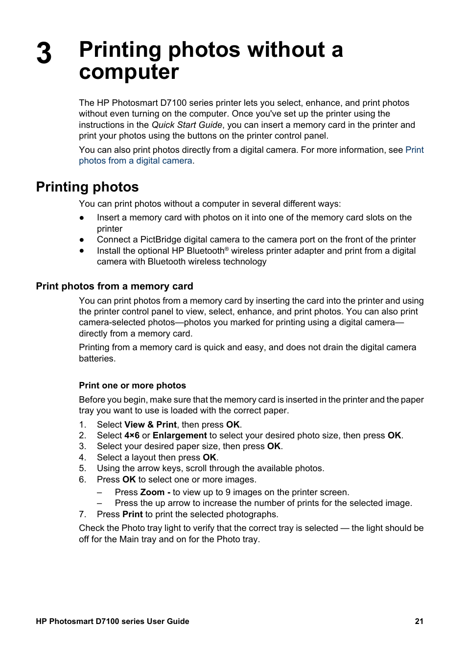 Printing photos without a computer, Printing photos, Print photos from a memory card | Print one or more photos, Print all photos on the memory card, Printing photos without a computer printing photos, Print photos from a digital camera, Print photos from an ipod | HP Photosmart D7155 Printer User Manual | Page 24 / 70