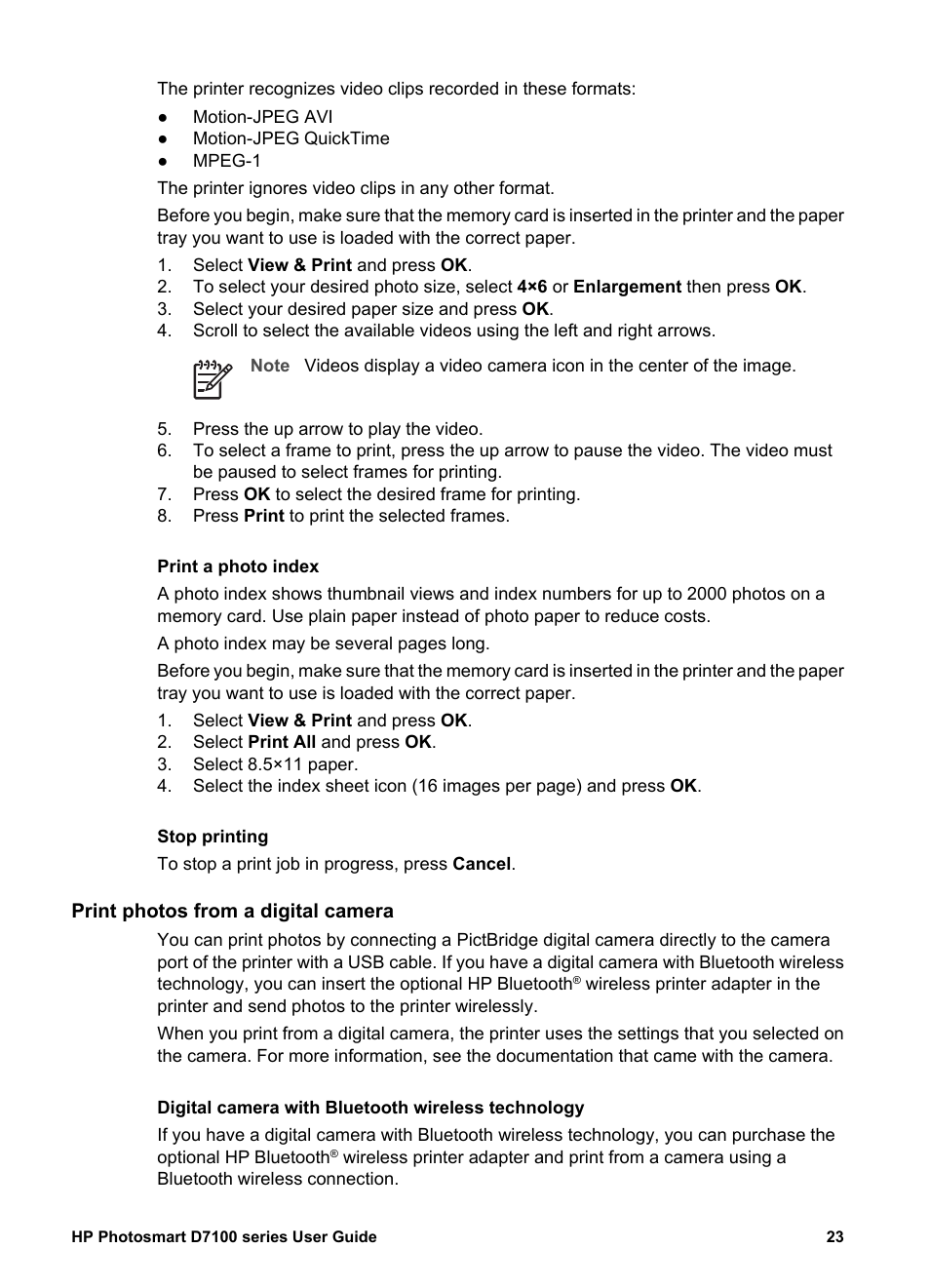 Print a photo index, Stop printing, Print photos from a digital camera | Digital camera with bluetooth wireless technology, Print, Photos from a digital camera | HP Photosmart D7155 Printer User Manual | Page 26 / 70