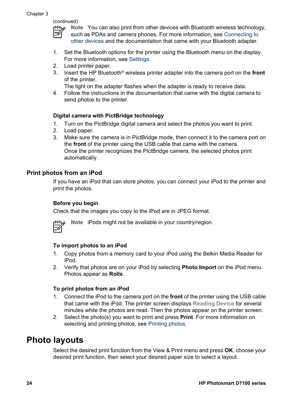 Digital camera with pictbridge technology, Print photos from an ipod, Photo layouts | HP Photosmart D7155 Printer User Manual | Page 27 / 70