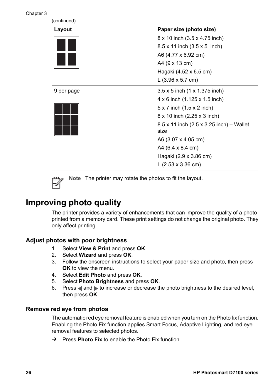 Improving photo quality, Adjust photos with poor brightness, Remove red eye from photos | HP Photosmart D7155 Printer User Manual | Page 29 / 70