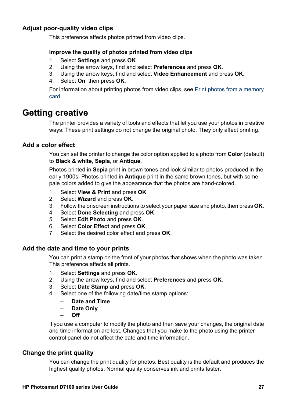 Adjust poor-quality video clips, Getting creative, Add a color effect | Add the date and time to your prints, Change the print quality | HP Photosmart D7155 Printer User Manual | Page 30 / 70