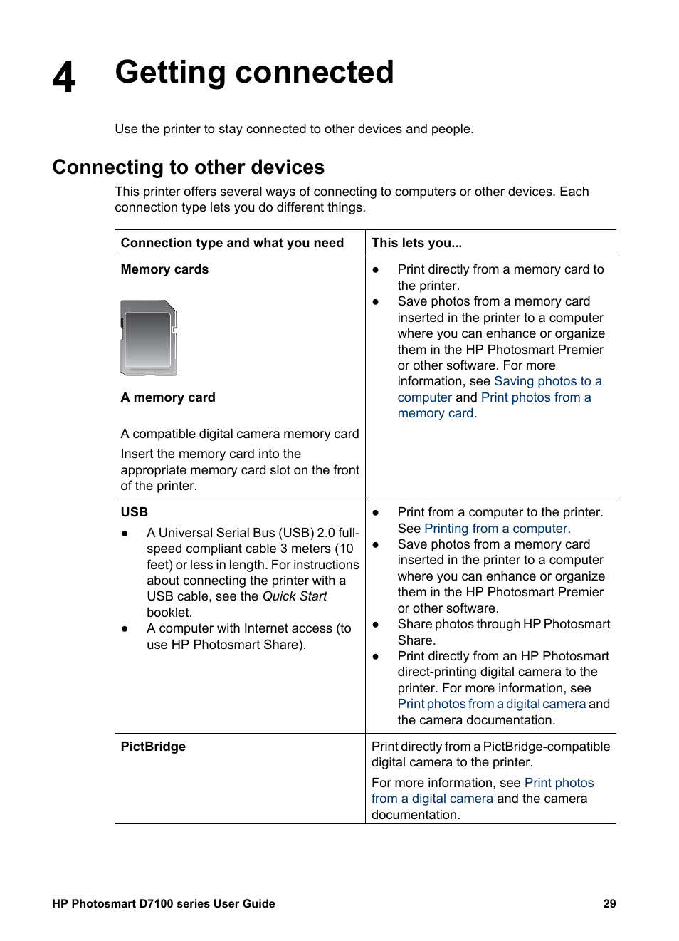 Getting connected, Connecting to other devices, Getting connected connecting to other devices | Connecting to, Other devices | HP Photosmart D7155 Printer User Manual | Page 32 / 70