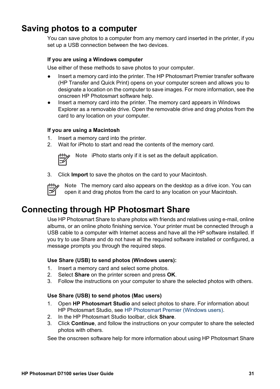 Saving photos to a computer, Connecting through hp photosmart share, Saving photos to a | Computer | HP Photosmart D7155 Printer User Manual | Page 34 / 70