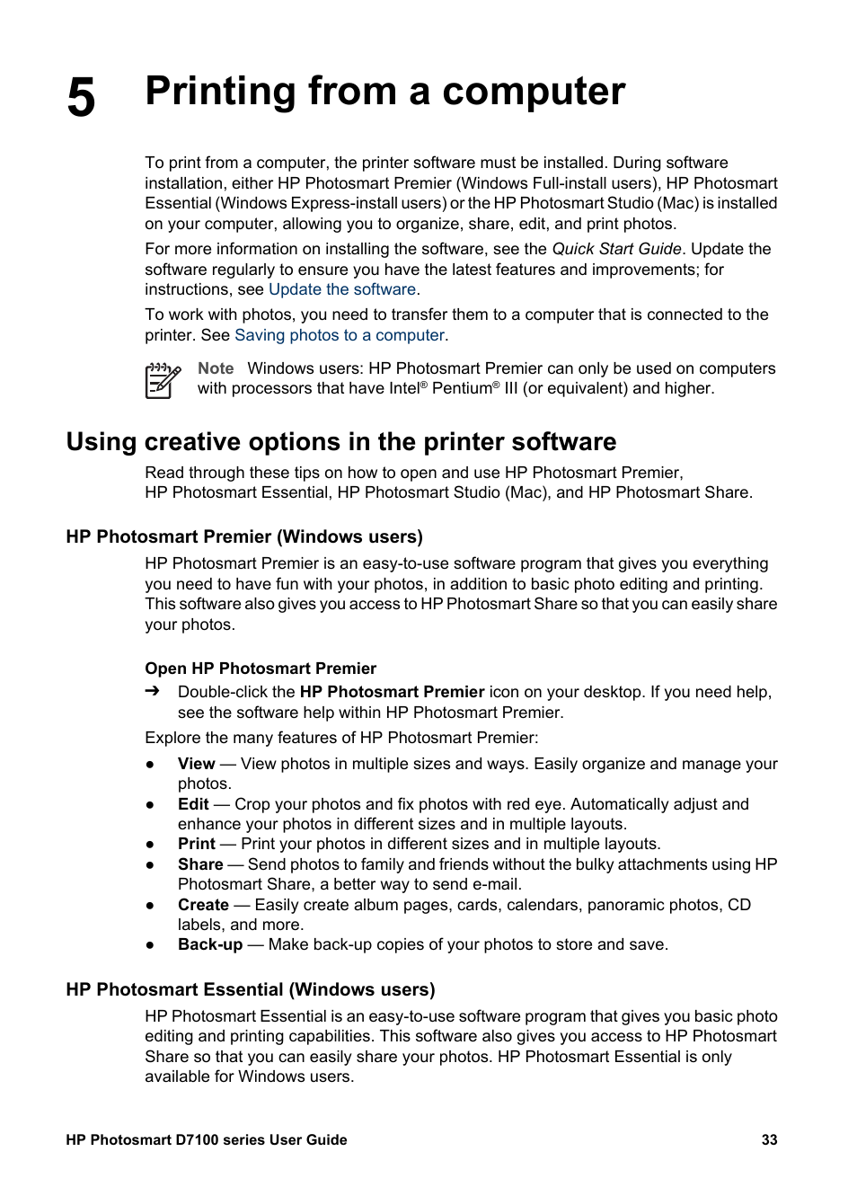 Printing from a computer, Using creative options in the printer software, Hp photosmart premier (windows users) | Hp photosmart essential (windows users) | HP Photosmart D7155 Printer User Manual | Page 36 / 70