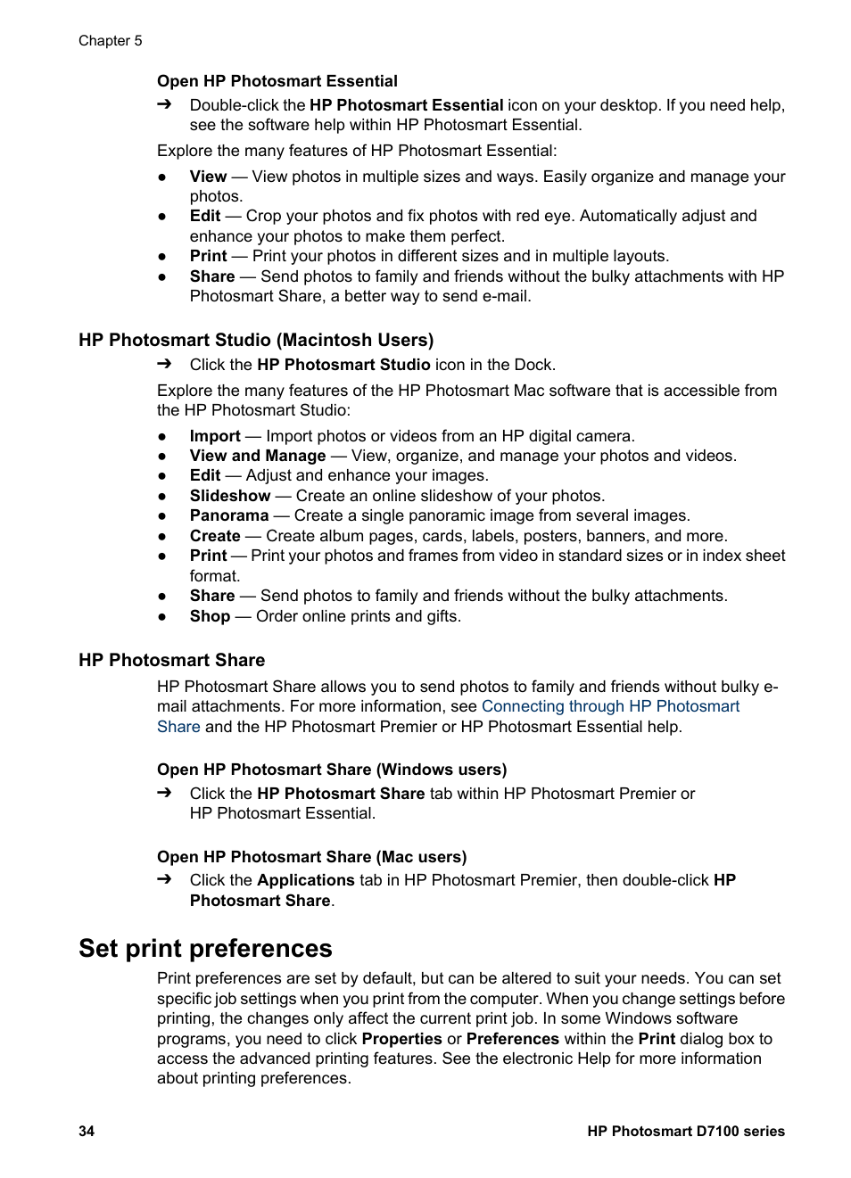 Hp photosmart studio (macintosh users), Hp photosmart share, Set print preferences | Open the electronic help | HP Photosmart D7155 Printer User Manual | Page 37 / 70