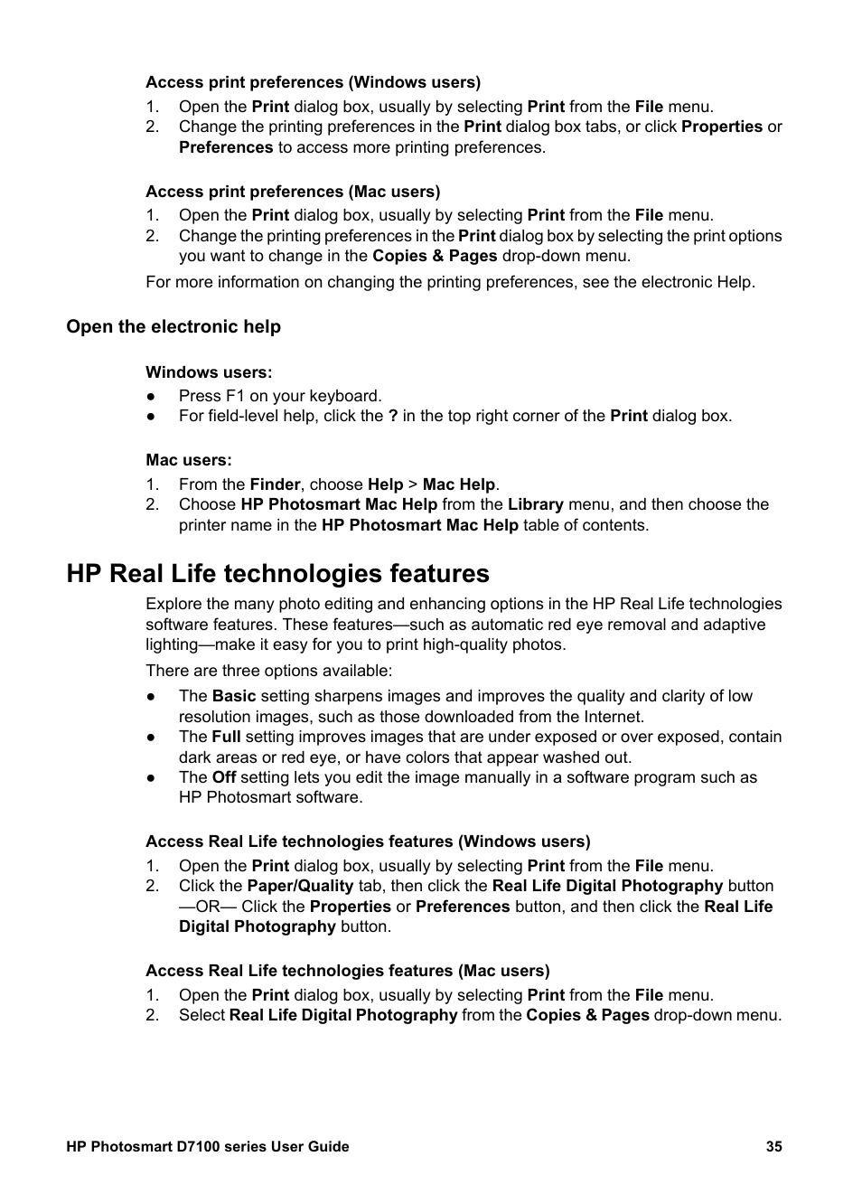 Open the electronic help, Hp real life technologies features | HP Photosmart D7155 Printer User Manual | Page 38 / 70