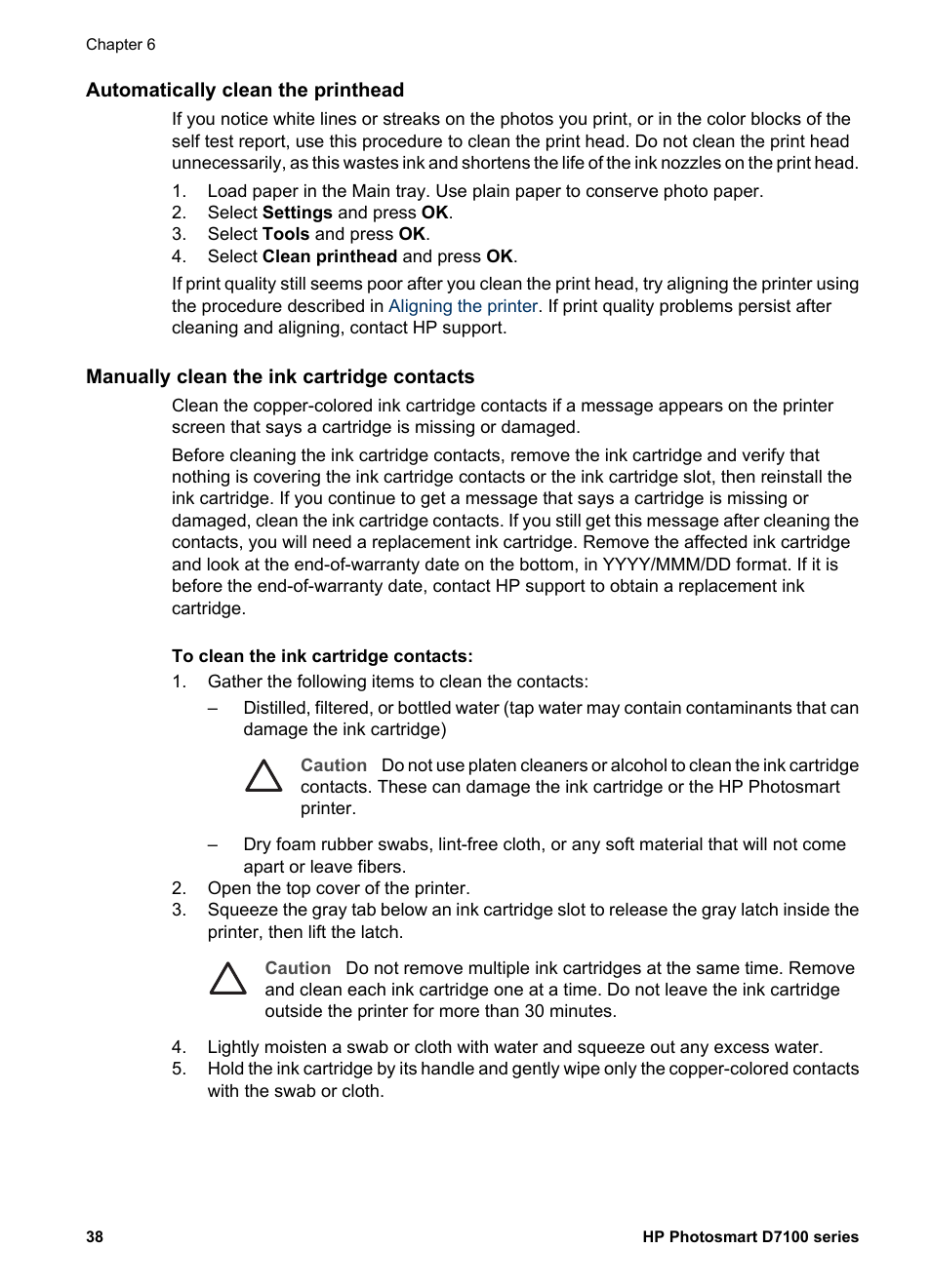 Automatically clean the printhead, Manually clean the ink cartridge contacts | HP Photosmart D7155 Printer User Manual | Page 41 / 70