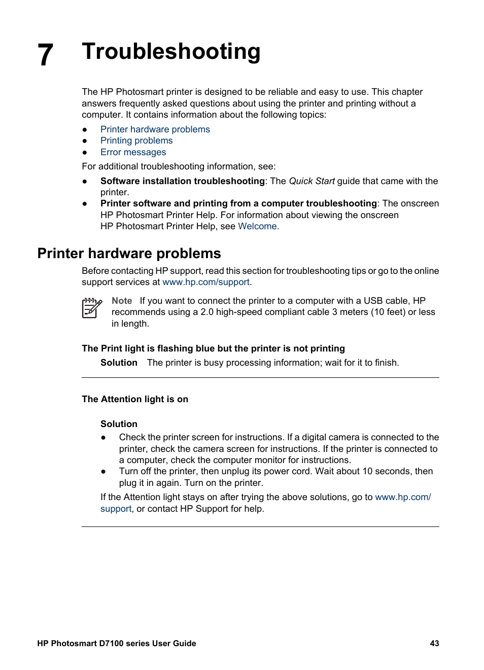 Troubleshooting, Printer hardware problems, Troubleshooting printer hardware problems | HP Photosmart D7155 Printer User Manual | Page 46 / 70