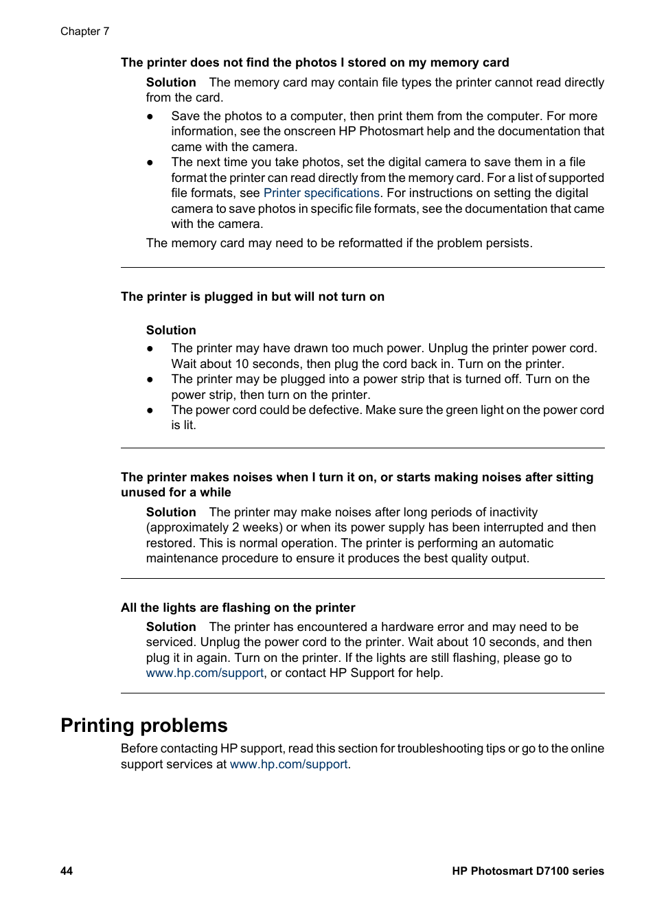 Printing problems | HP Photosmart D7155 Printer User Manual | Page 47 / 70