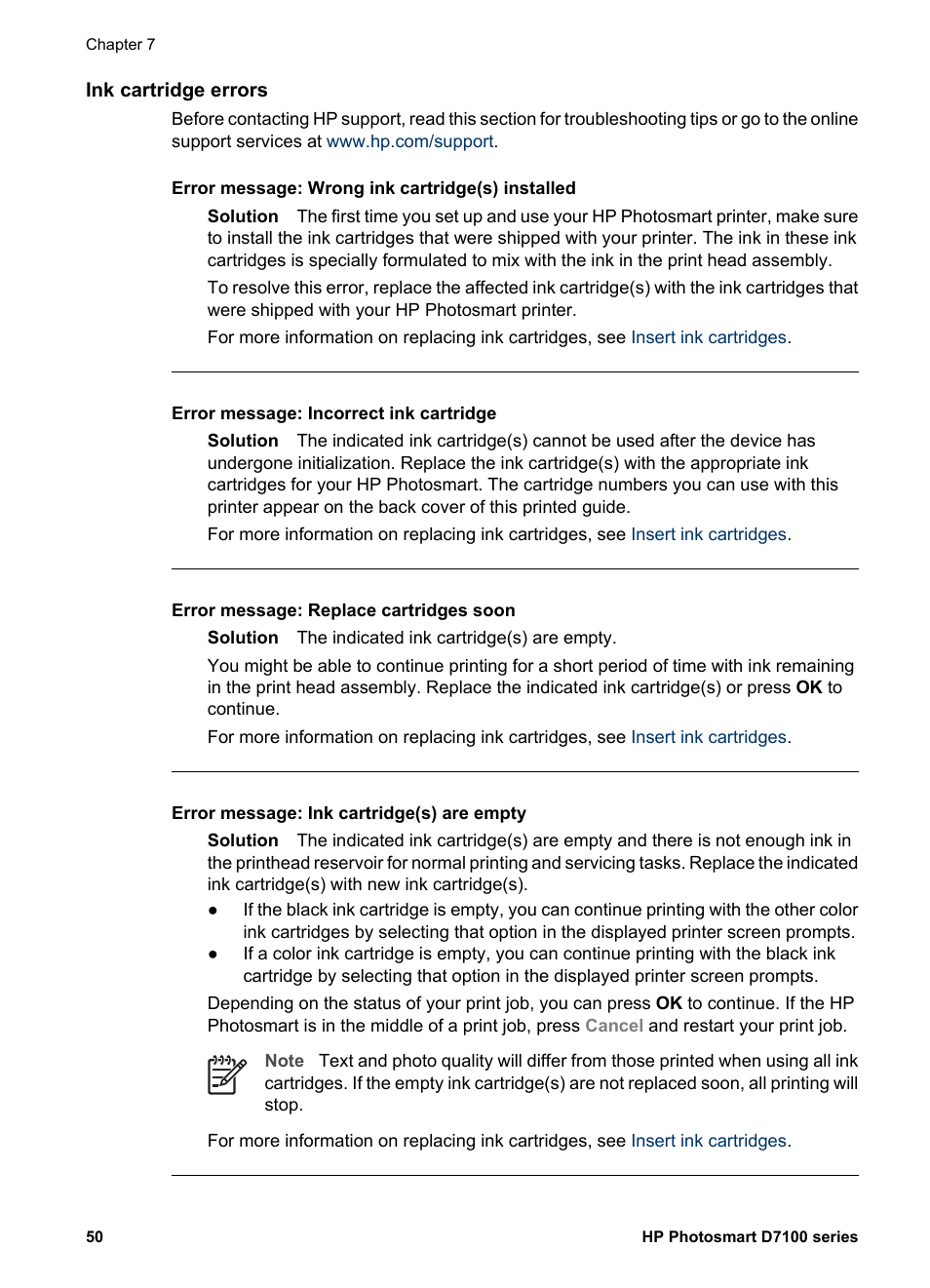 Ink cartridge errors | HP Photosmart D7155 Printer User Manual | Page 53 / 70