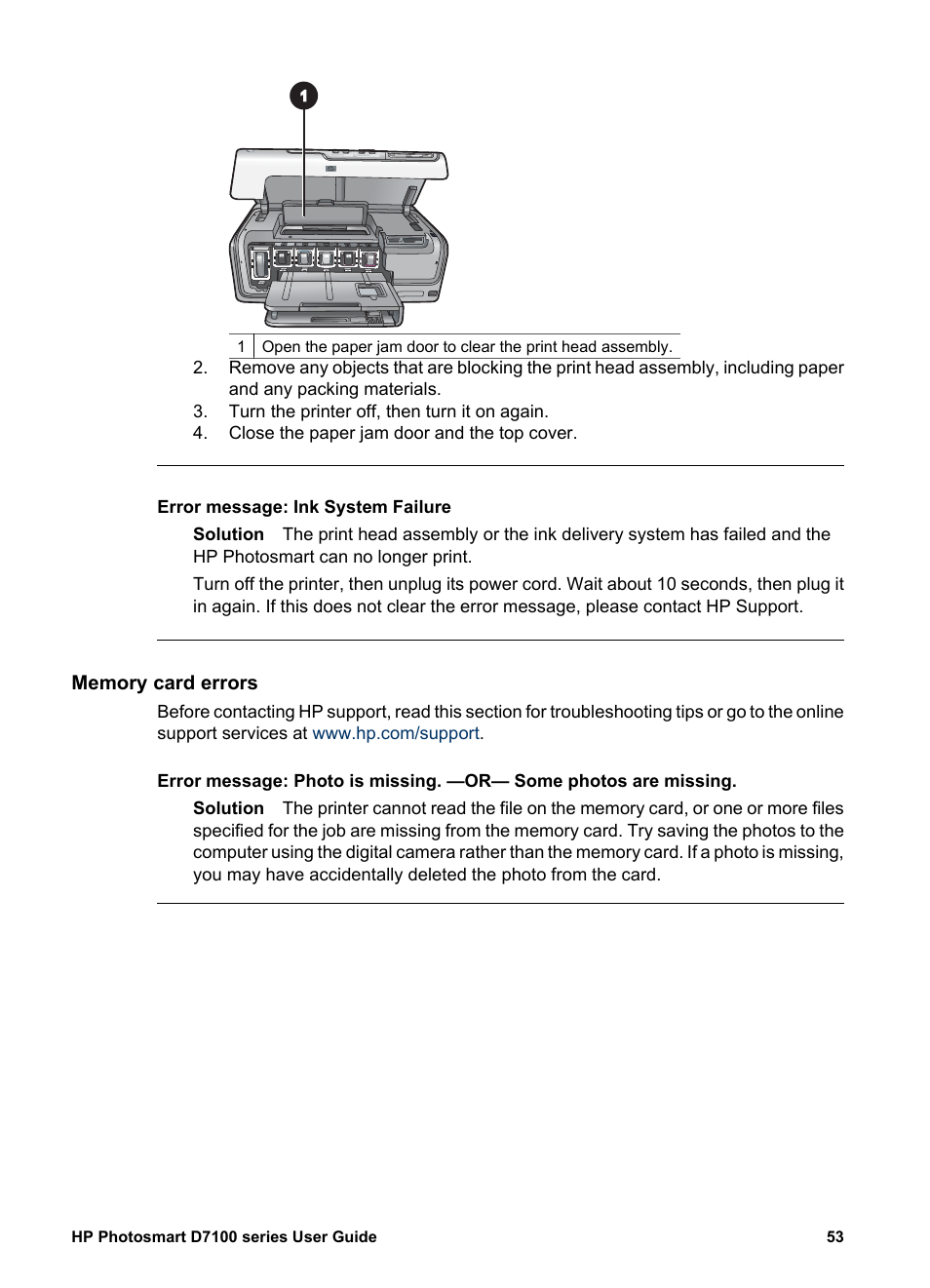 Memory card errors | HP Photosmart D7155 Printer User Manual | Page 56 / 70