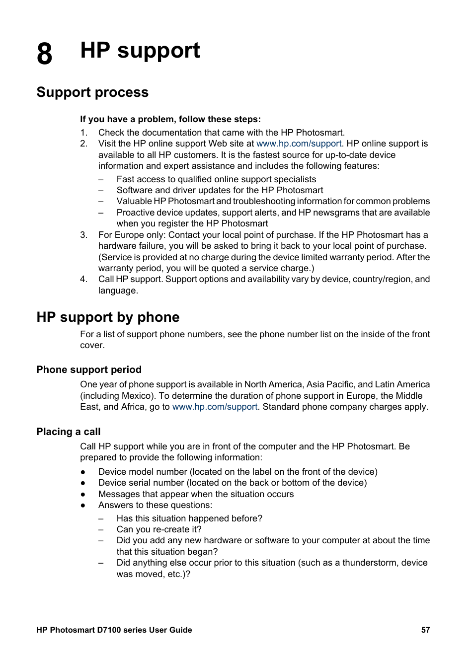 Hp support, Support process, Hp support by phone | Phone support period, Placing a call, Hp support support process hp support by phone | HP Photosmart D7155 Printer User Manual | Page 60 / 70