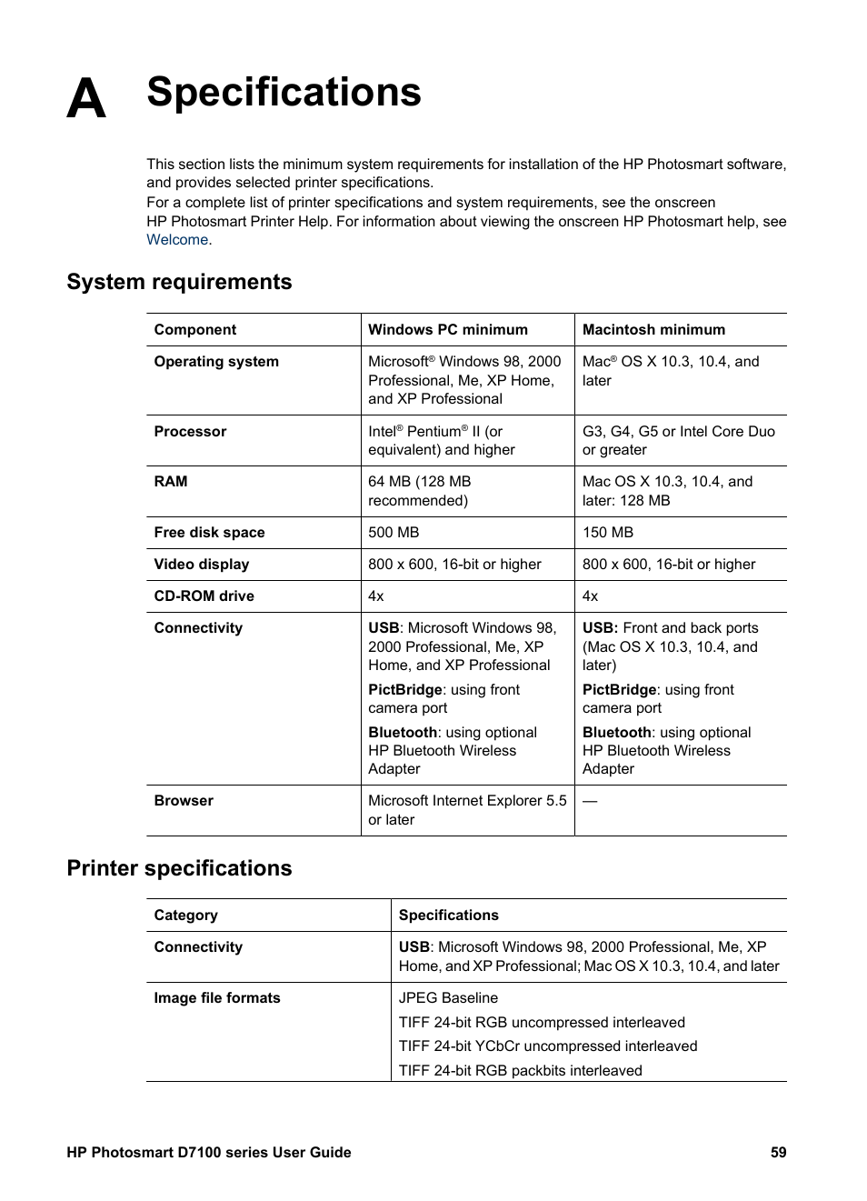 Specifications, System requirements, Printer specifications | Printer | HP Photosmart D7155 Printer User Manual | Page 62 / 70