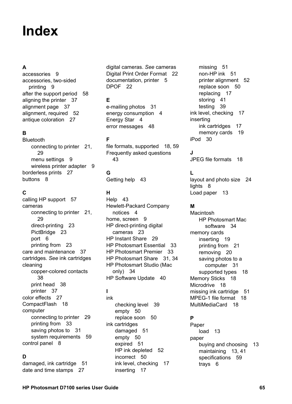 Index | HP Photosmart D7155 Printer User Manual | Page 68 / 70