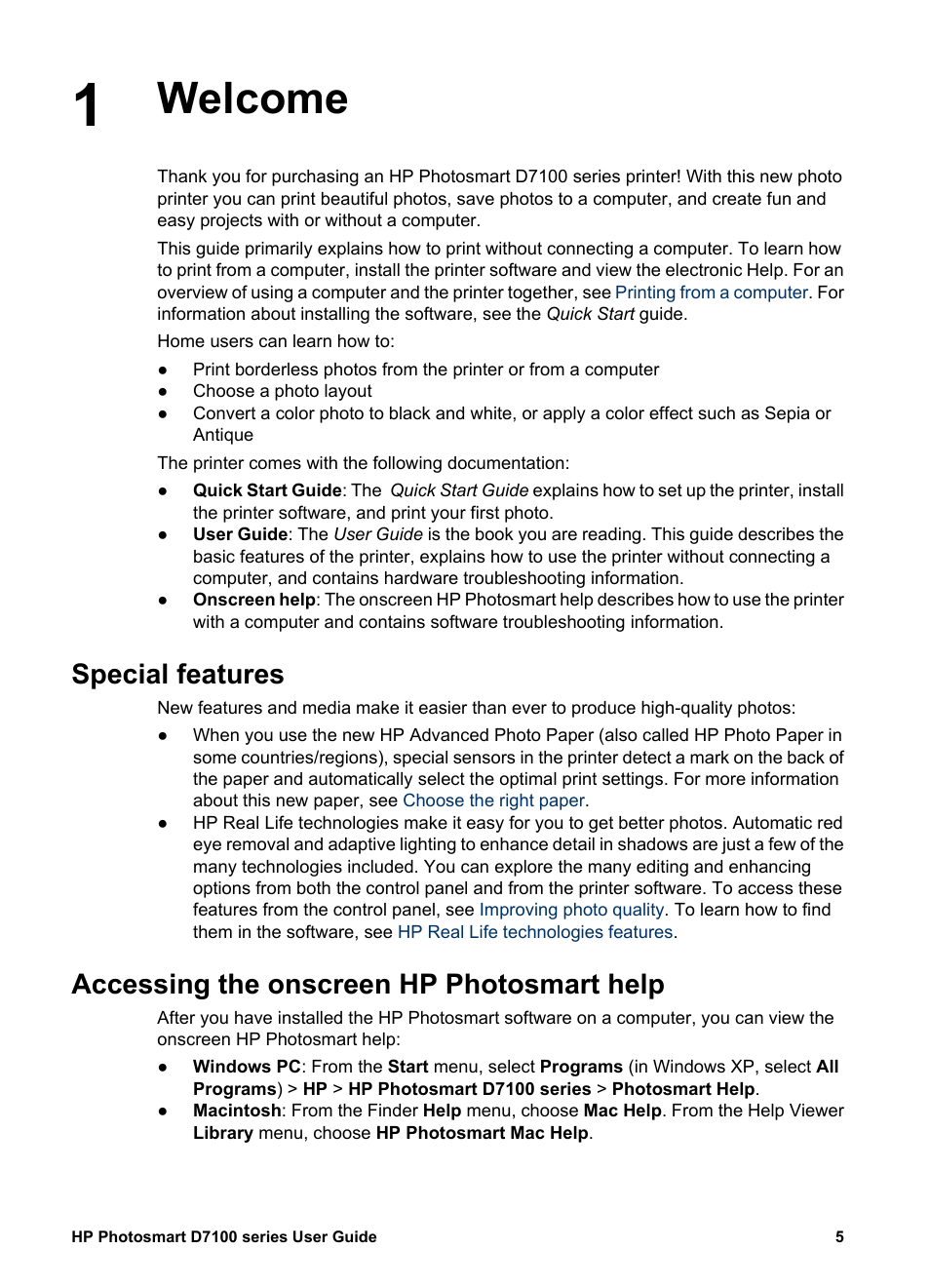 Welcome, Special features, Accessing the onscreen hp photosmart help | HP Photosmart D7155 Printer User Manual | Page 8 / 70