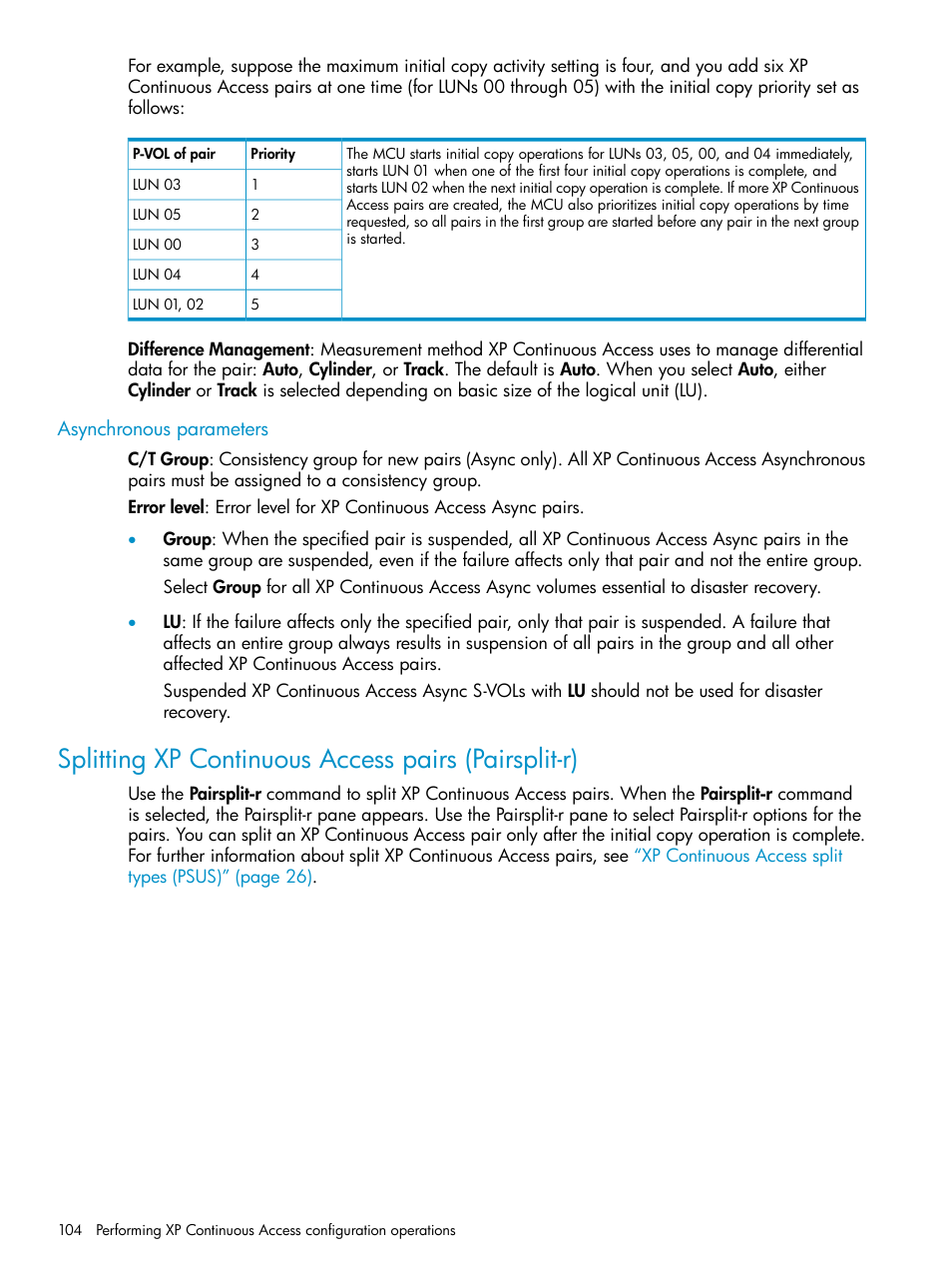 Asynchronous parameters, Splitting xp continuous access pairs (pairsplit-r), Splitting xp continuous access | HP StorageWorks XP Remote Web Console Software User Manual | Page 104 / 115