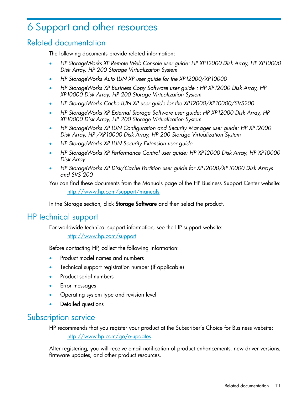 6 support and other resources, Related documentation, Hp technical support | Subscription service | HP StorageWorks XP Remote Web Console Software User Manual | Page 111 / 115