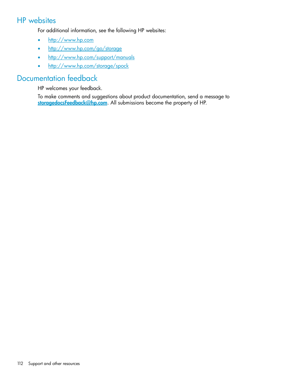 Hp websites, Documentation feedback, Hp websites documentation feedback | HP StorageWorks XP Remote Web Console Software User Manual | Page 112 / 115