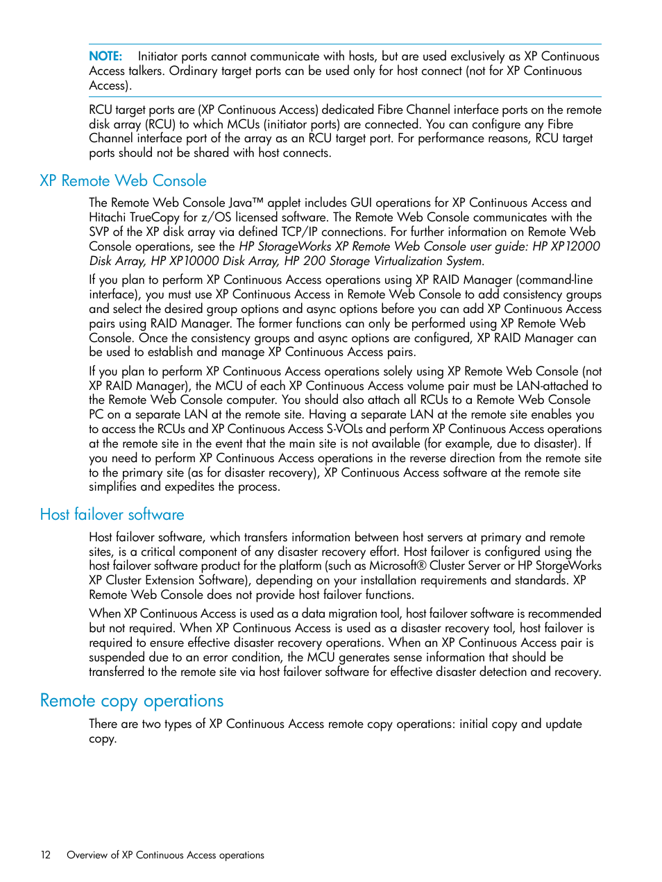 Xp remote web console, Host failover software, Remote copy operations | Xp remote web console host failover software | HP StorageWorks XP Remote Web Console Software User Manual | Page 12 / 115