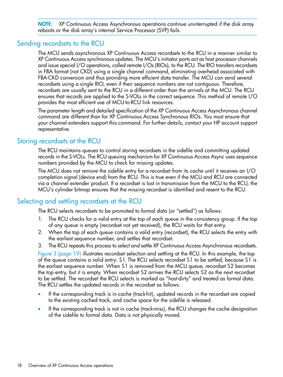 Sending recordsets to the rcu, Storing recordsets at the rcu, Selecting and settling recordsets at the rcu | HP StorageWorks XP Remote Web Console Software User Manual | Page 18 / 115