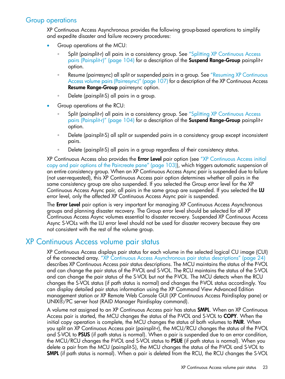 Group operations, Xp continuous access volume pair status | HP StorageWorks XP Remote Web Console Software User Manual | Page 23 / 115