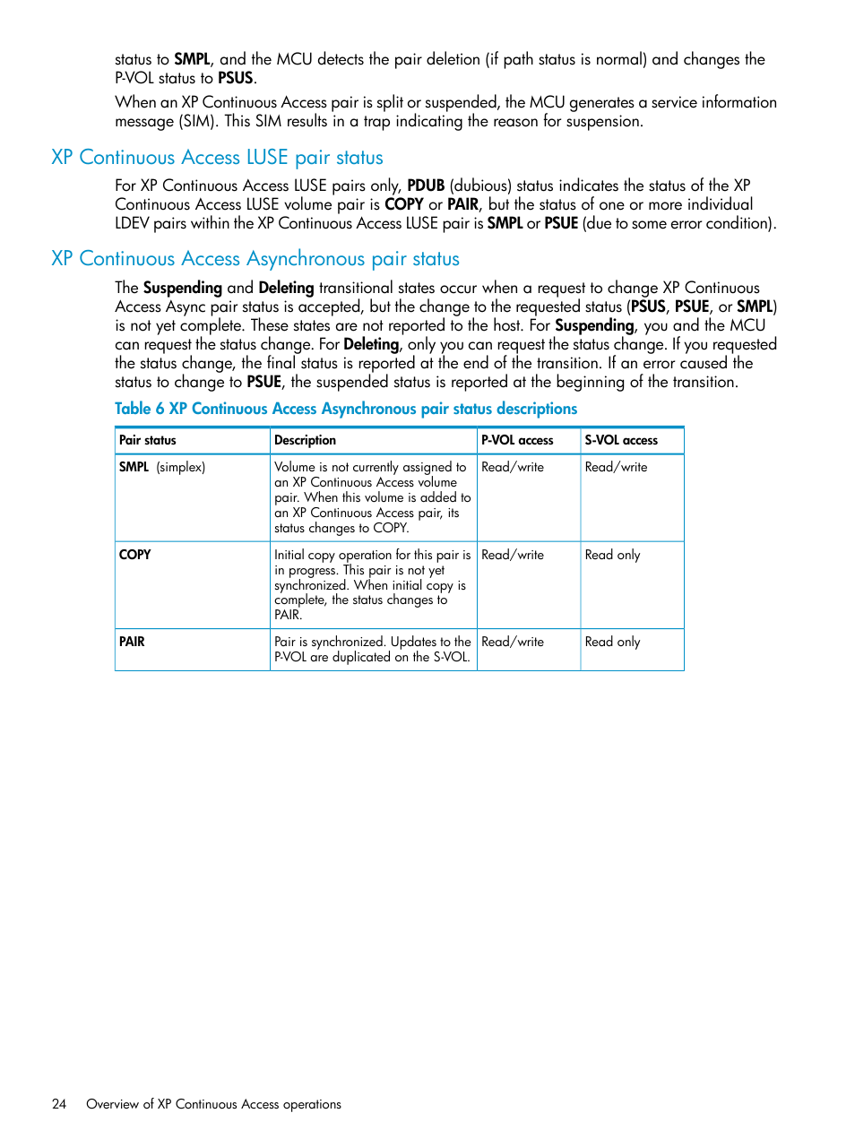 Xp continuous access luse pair status, Xp continuous access asynchronous pair status | HP StorageWorks XP Remote Web Console Software User Manual | Page 24 / 115