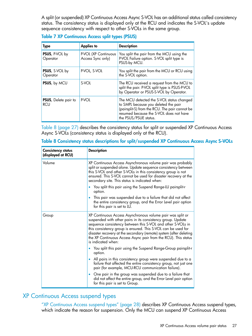 Xp continuous access suspend types | HP StorageWorks XP Remote Web Console Software User Manual | Page 27 / 115