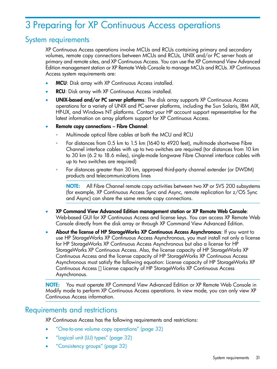 3 preparing for xp continuous access operations, System requirements, Requirements and restrictions | System requirements requirements and restrictions | HP StorageWorks XP Remote Web Console Software User Manual | Page 31 / 115