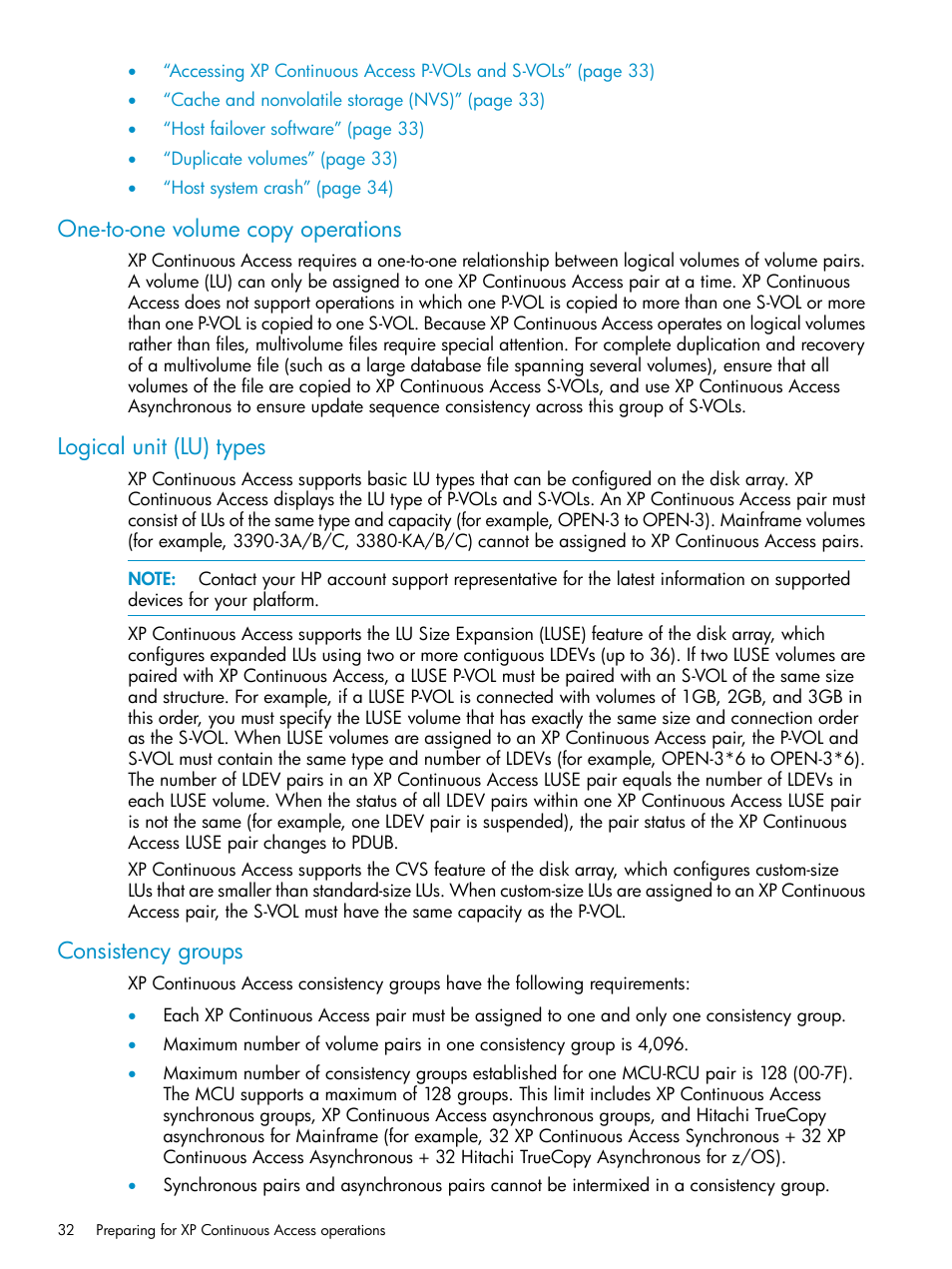 One-to-one volume copy operations, Logical unit (lu) types, Consistency groups | HP StorageWorks XP Remote Web Console Software User Manual | Page 32 / 115