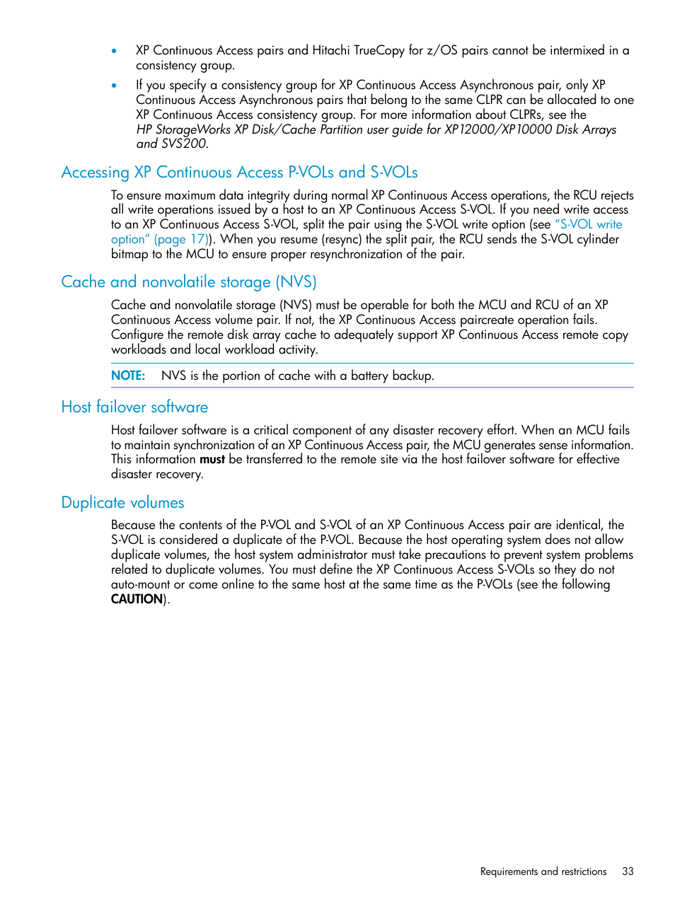 Accessing xp continuous access p-vols and s-vols, Cache and nonvolatile storage (nvs), Host failover software | Duplicate volumes, Host failover software duplicate volumes | HP StorageWorks XP Remote Web Console Software User Manual | Page 33 / 115