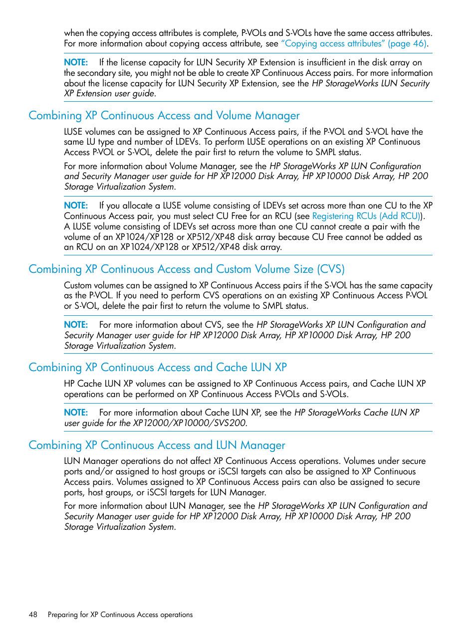 Combining xp continuous access and volume manager, Combining xp continuous access and cache lun xp, Combining xp continuous access and lun manager | HP StorageWorks XP Remote Web Console Software User Manual | Page 48 / 115