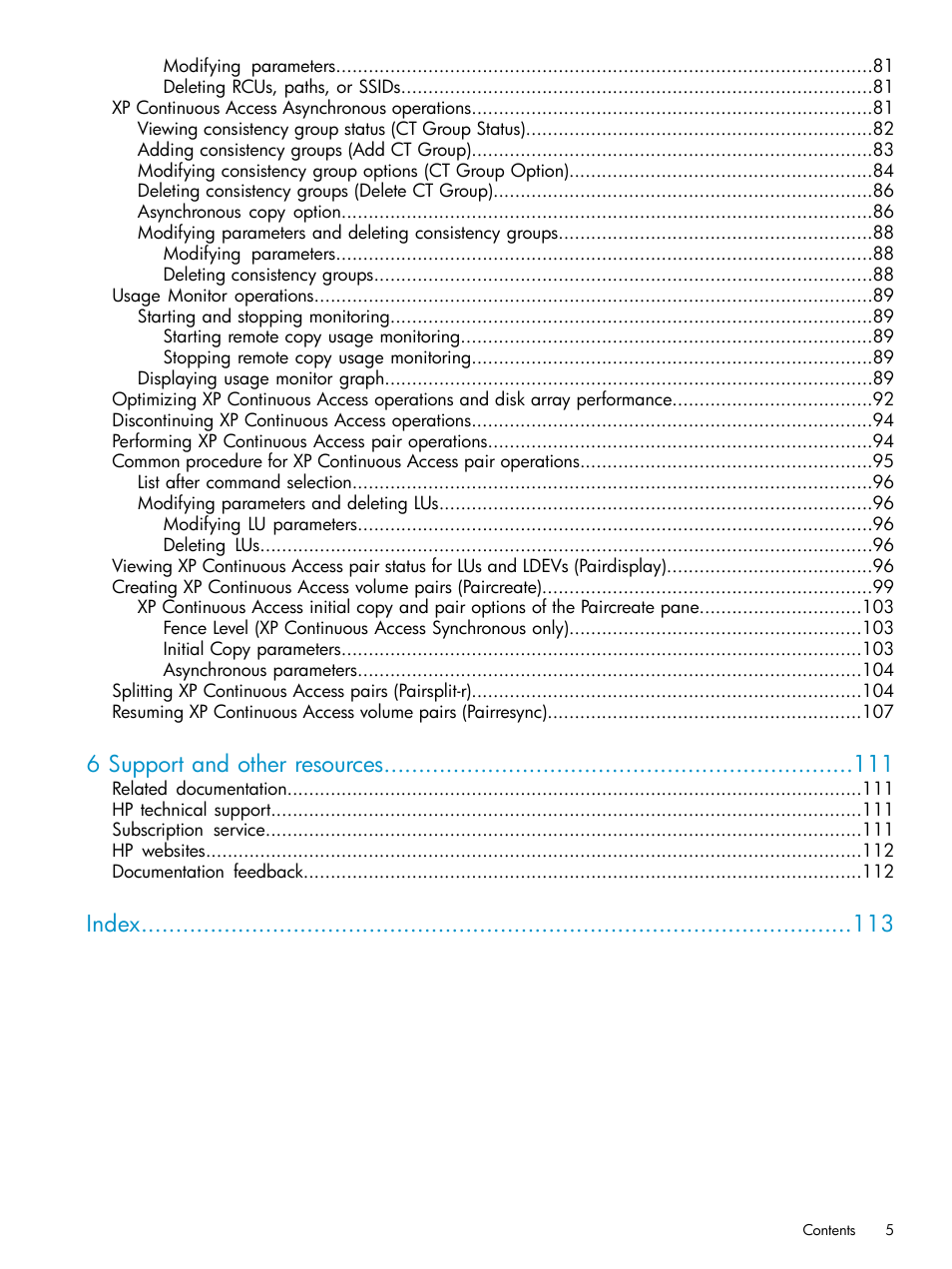 6 support and other resources, Index | HP StorageWorks XP Remote Web Console Software User Manual | Page 5 / 115