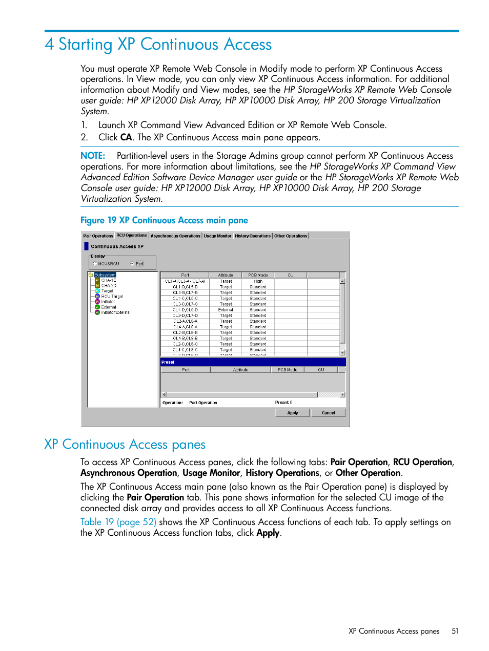 4 starting xp continuous access, Xp continuous access panes | HP StorageWorks XP Remote Web Console Software User Manual | Page 51 / 115