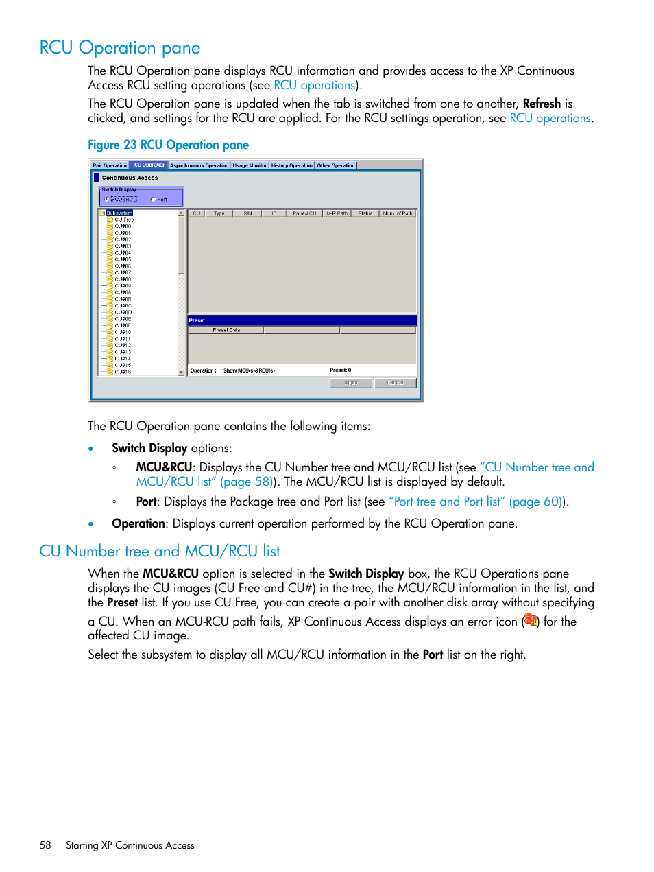 Rcu operation pane, Cu number tree and mcu/rcu list | HP StorageWorks XP Remote Web Console Software User Manual | Page 58 / 115