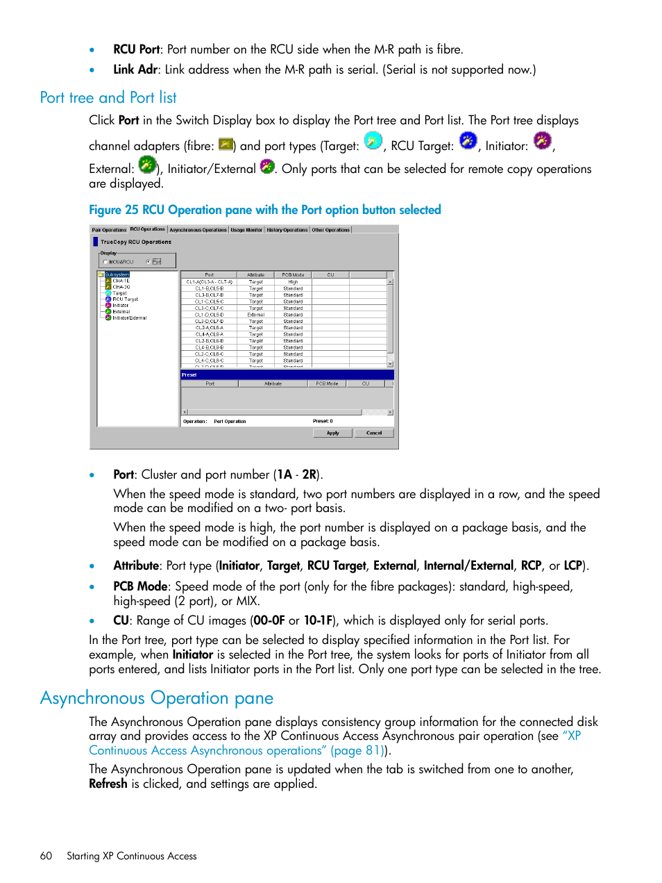 Port tree and port list, Asynchronous operation pane | HP StorageWorks XP Remote Web Console Software User Manual | Page 60 / 115