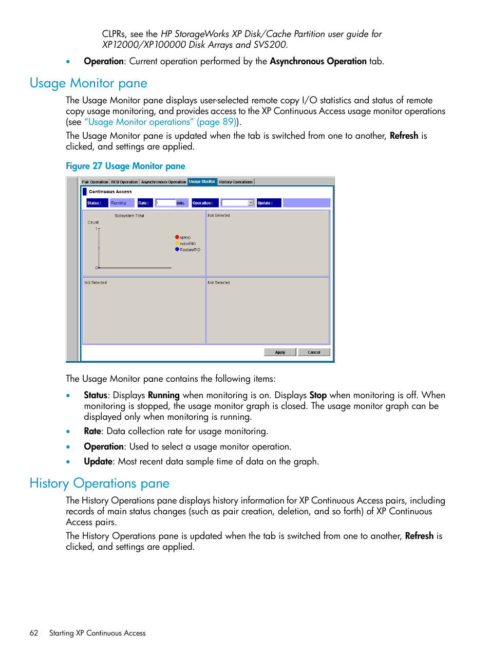 Usage monitor pane, History operations pane, Usage monitor pane history operations pane | HP StorageWorks XP Remote Web Console Software User Manual | Page 62 / 115