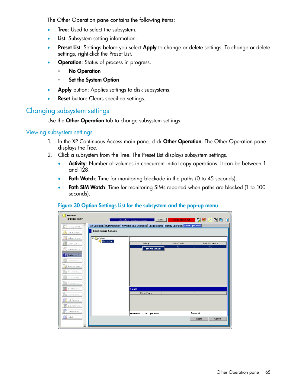Changing subsystem settings, Viewing subsystem settings | HP StorageWorks XP Remote Web Console Software User Manual | Page 65 / 115