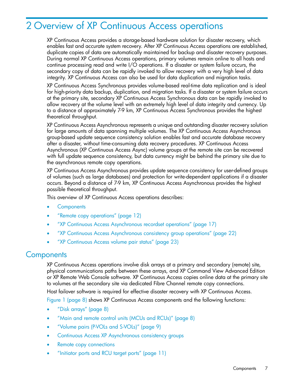 2 overview of xp continuous access operations, Components | HP StorageWorks XP Remote Web Console Software User Manual | Page 7 / 115