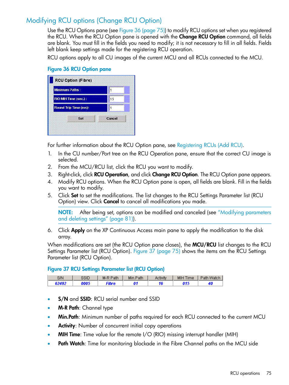 Modifying rcu options (change rcu option), Modifying rcu, Options (change rcu option) | HP StorageWorks XP Remote Web Console Software User Manual | Page 75 / 115