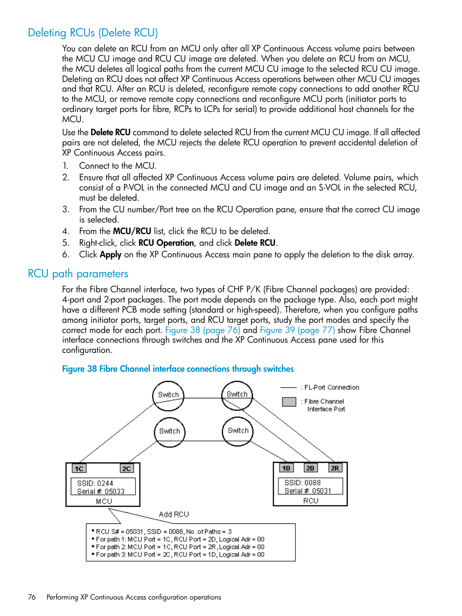 Deleting rcus (delete rcu), Rcu path parameters, Deleting rcus (delete rcu) rcu path parameters | HP StorageWorks XP Remote Web Console Software User Manual | Page 76 / 115