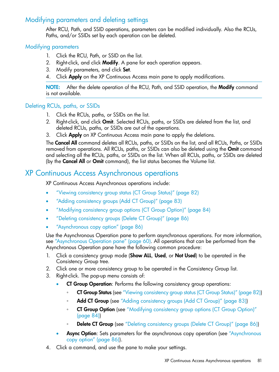 Modifying parameters and deleting settings, Modifying parameters, Deleting rcus, paths, or ssids | Xp continuous access asynchronous operations, Modifying parameters and, Modifying | HP StorageWorks XP Remote Web Console Software User Manual | Page 81 / 115