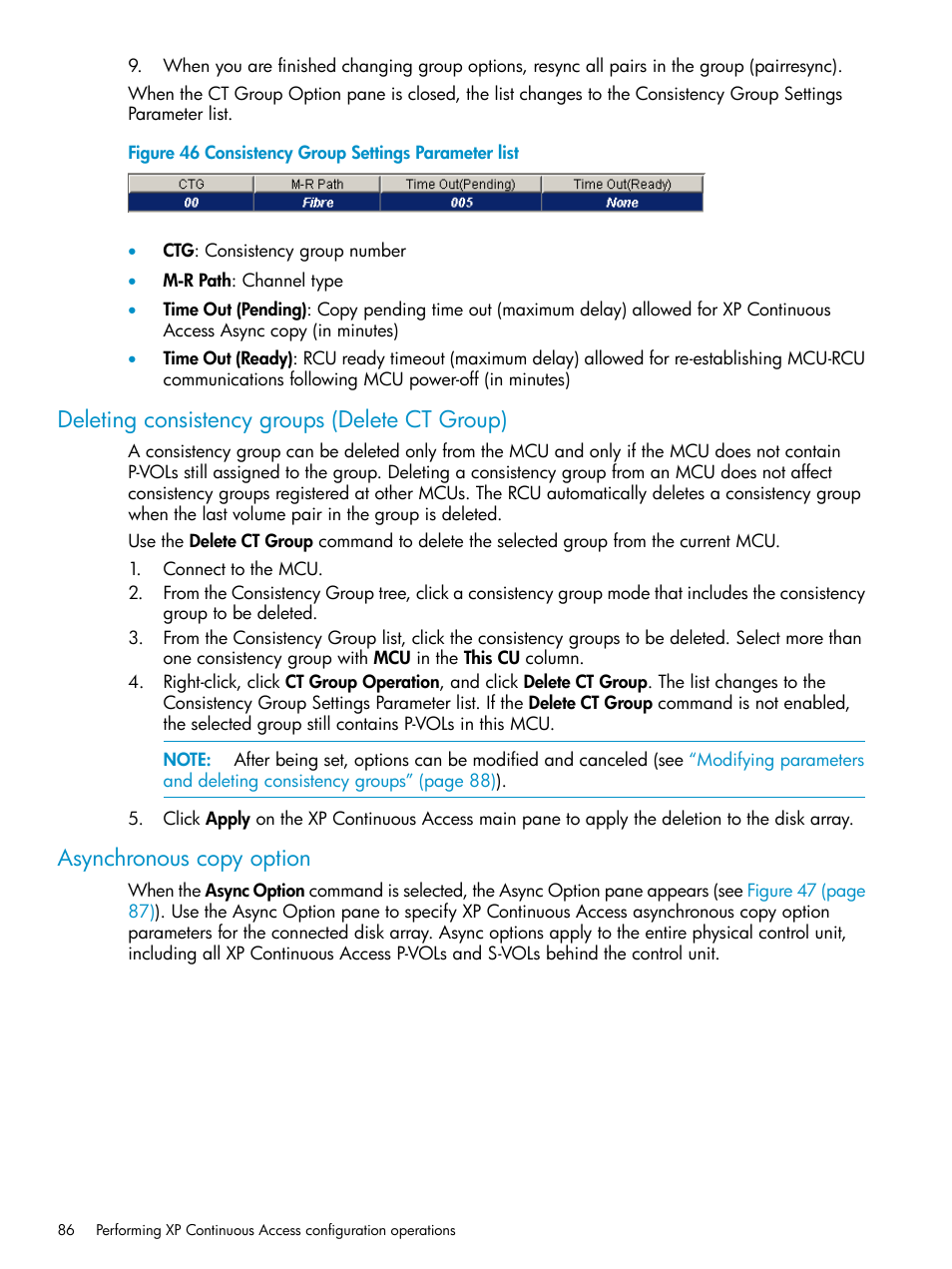 Deleting consistency groups (delete ct group), Asynchronous copy option, Asynchronous | HP StorageWorks XP Remote Web Console Software User Manual | Page 86 / 115