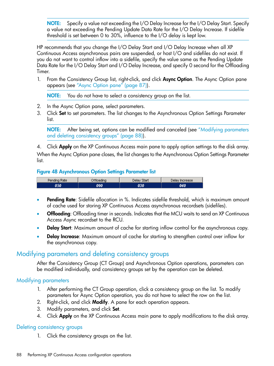 Modifying parameters, Deleting consistency groups, Modifying parameters deleting consistency groups | HP StorageWorks XP Remote Web Console Software User Manual | Page 88 / 115