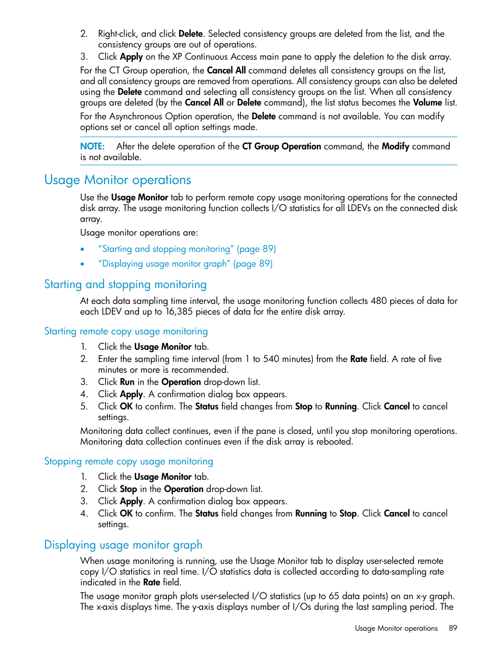 Usage monitor operations, Starting and stopping monitoring, Starting remote copy usage monitoring | Stopping remote copy usage monitoring, Displaying usage monitor graph | HP StorageWorks XP Remote Web Console Software User Manual | Page 89 / 115