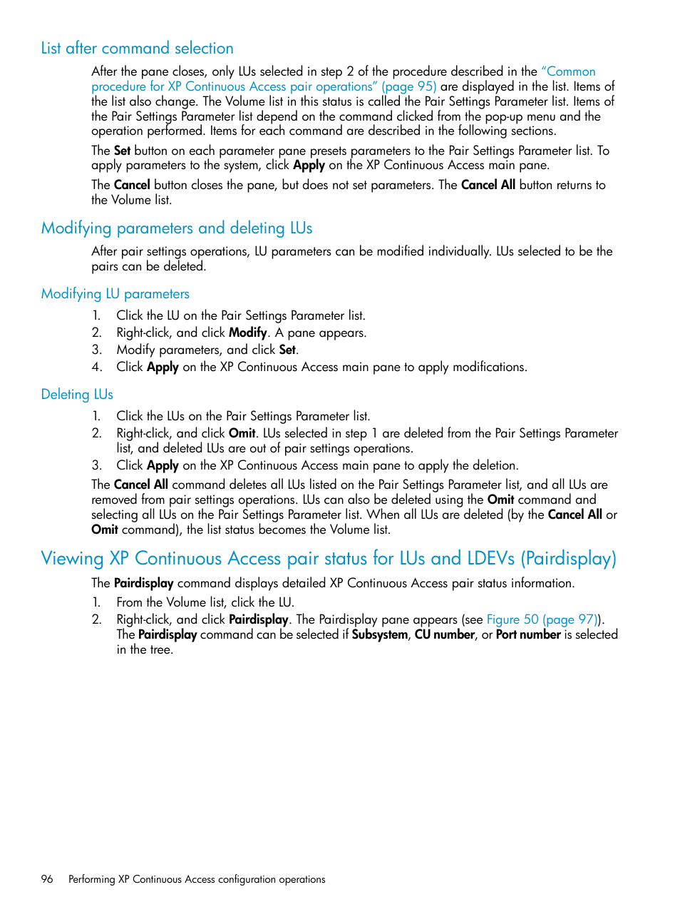 List after command selection, Modifying parameters and deleting lus, Modifying lu parameters | Deleting lus, Modifying lu parameters deleting lus, Viewing xp continuous access pair status for lus, Modifying parameters | HP StorageWorks XP Remote Web Console Software User Manual | Page 96 / 115